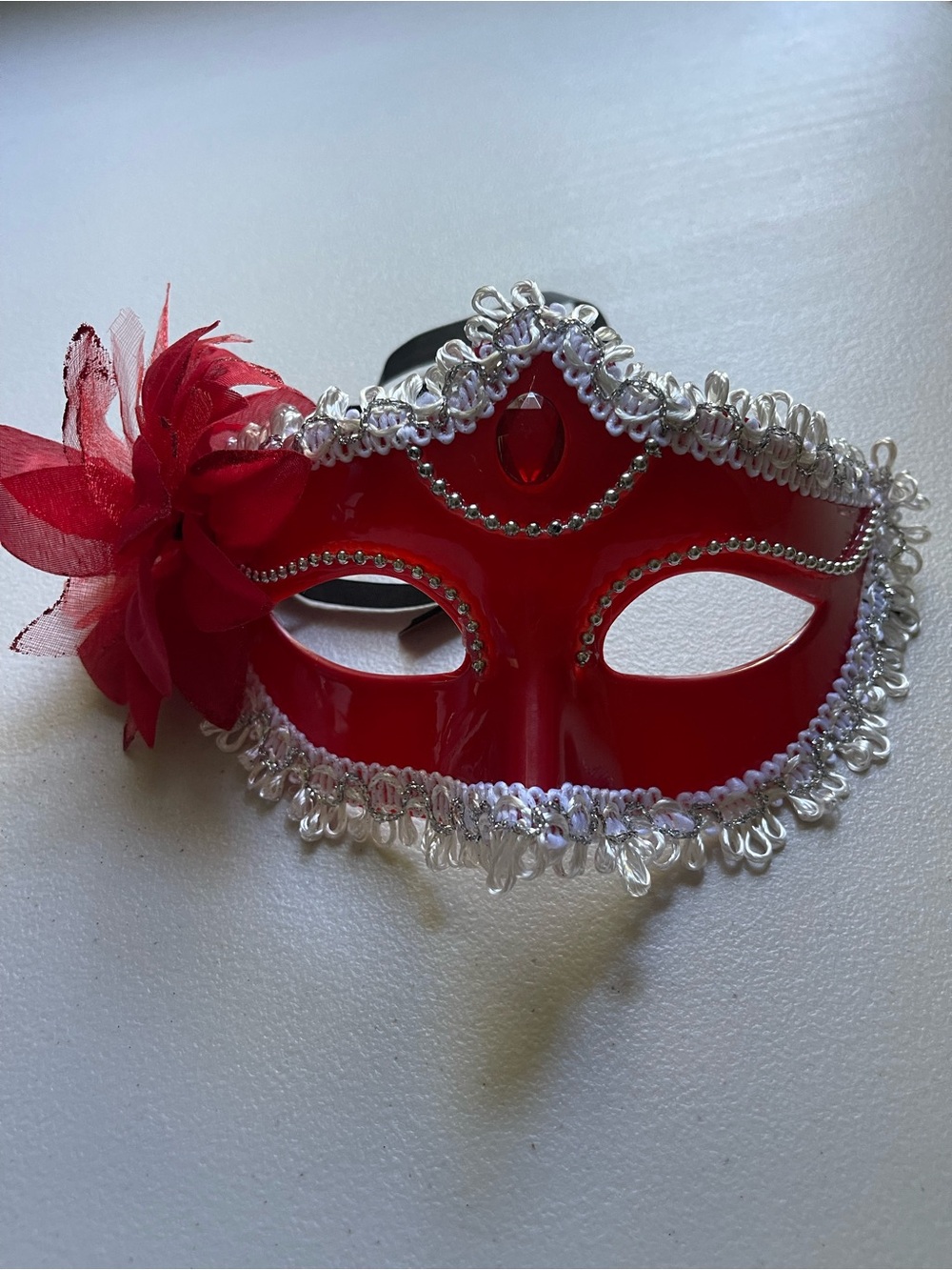 Red Decorative Masquerade Mask with Floral Accent